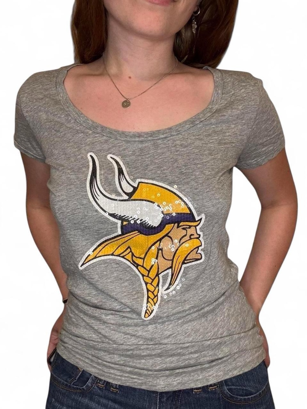 PINK Victoria's Secret Grey Short Sleeve Tee with Gold & Purple Vikings Logo